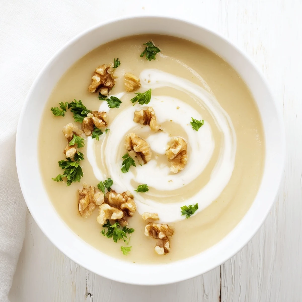 Creamy Parsnip and Pear Soup with Walnuts garnished with fresh chives, served steaming in a rustic ceramic bowl.