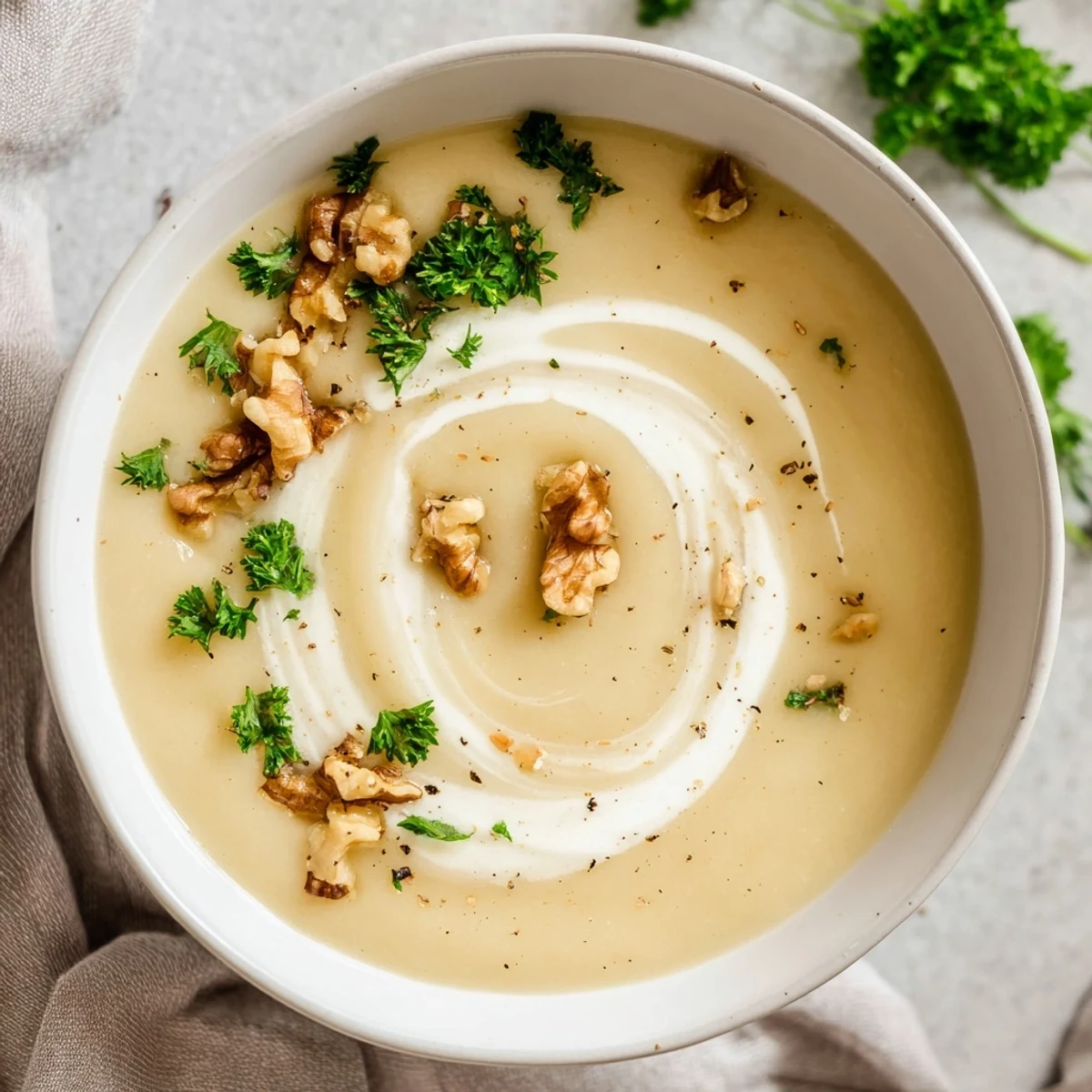 Silky smooth Creamy Parsnip and Pear Soup with Walnuts in a white bowl, steam rising and herb garnish.