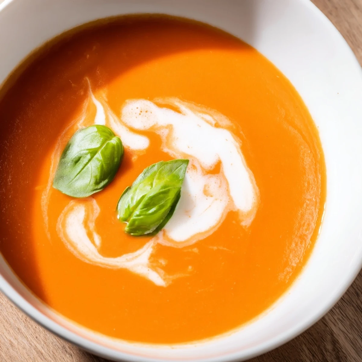 A bowl of Creamy Tomato and Roasted Red Pepper Soup with Basil garnished with fresh herbs and a swirl of cream.
