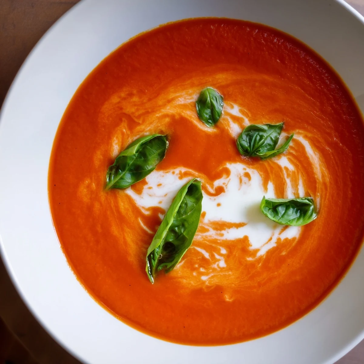 Served in a rustic ceramic bowl, the vibrant Creamy Tomato and Roasted Red Pepper Soup with Basil features crusty bread.