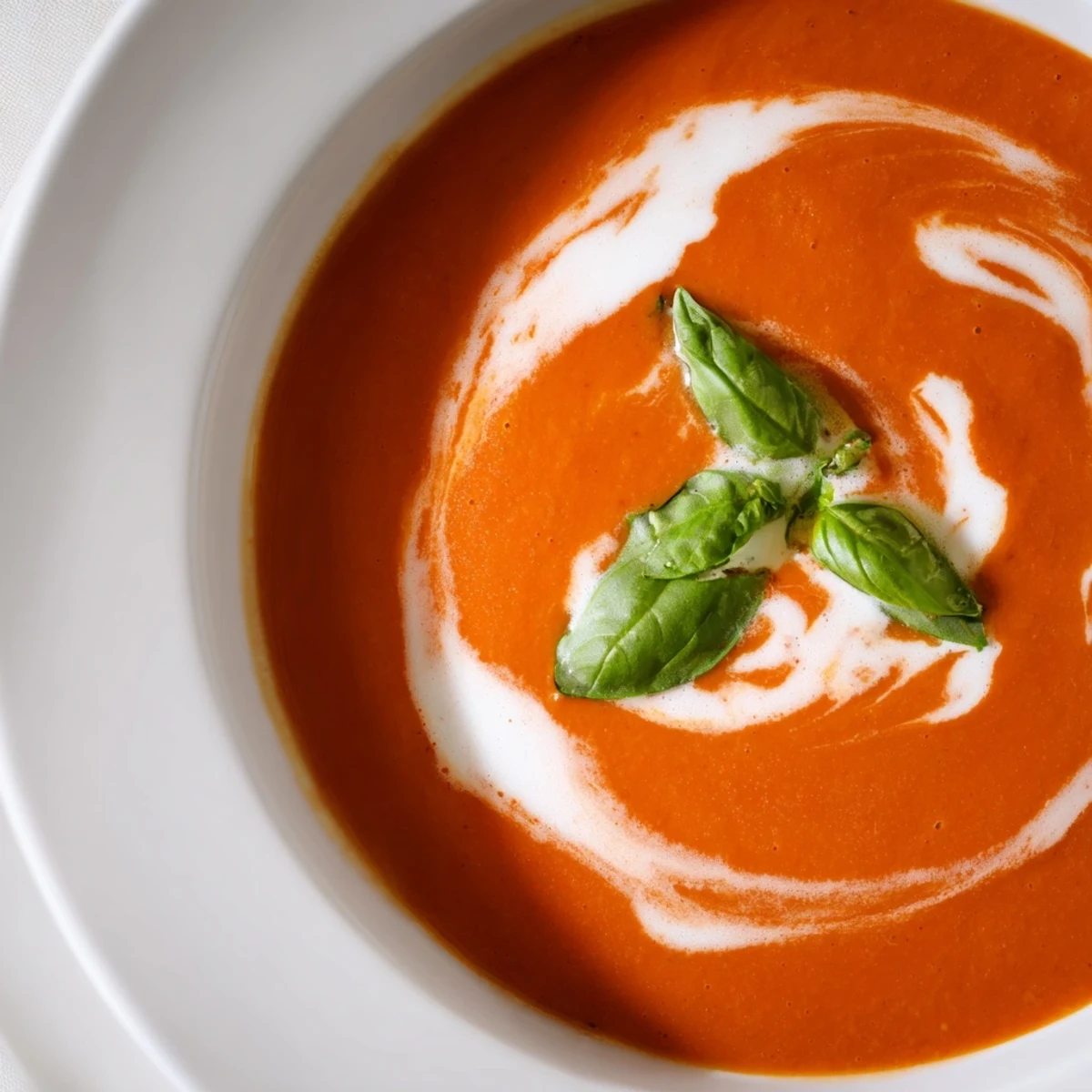Close-up of the Creamy Tomato and Roasted Red Pepper Soup with Basil, showing the velvety texture and fresh basil garnish.