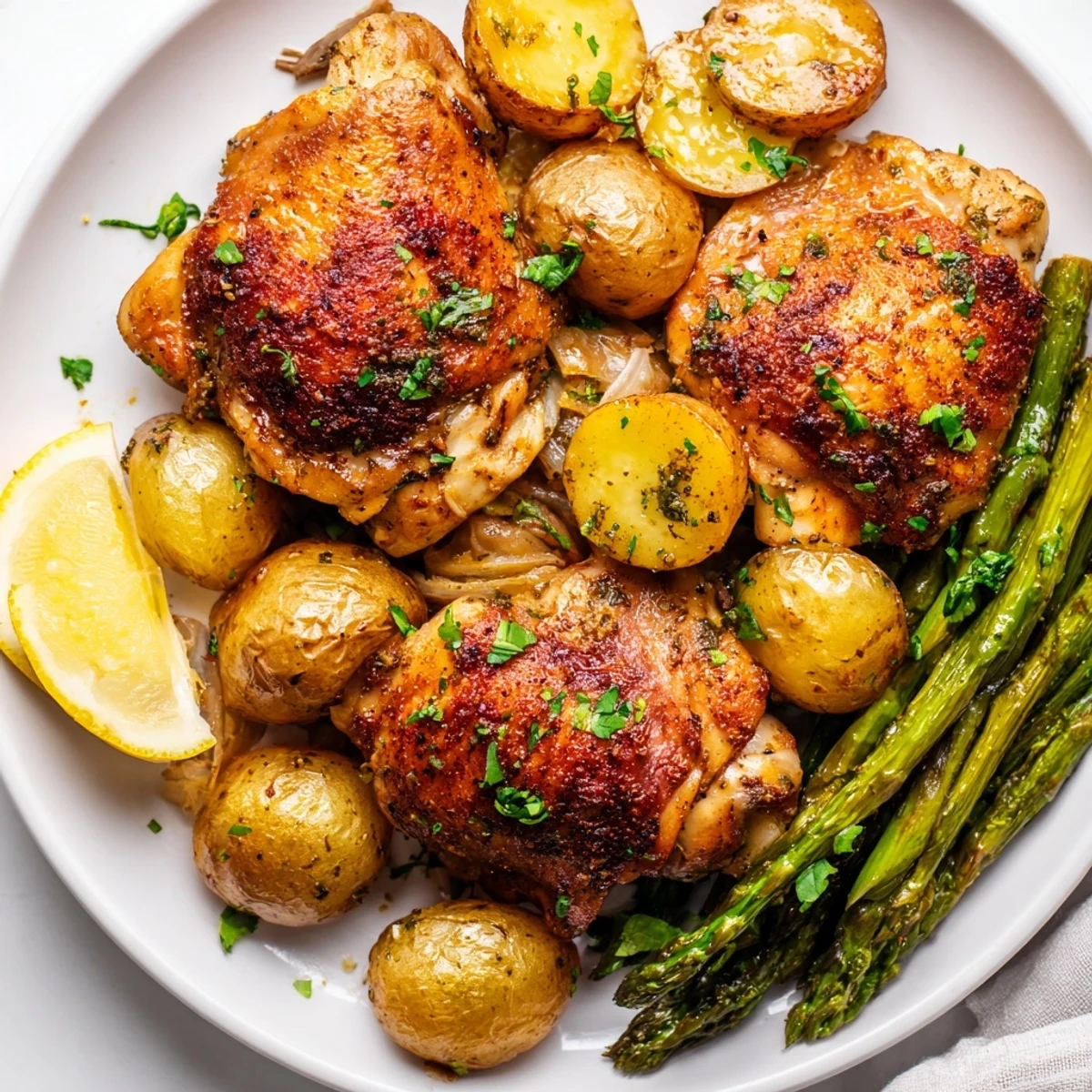 Golden roasted potatoes and tender chicken thighs make an easy sheet pan lemon herb dinner.