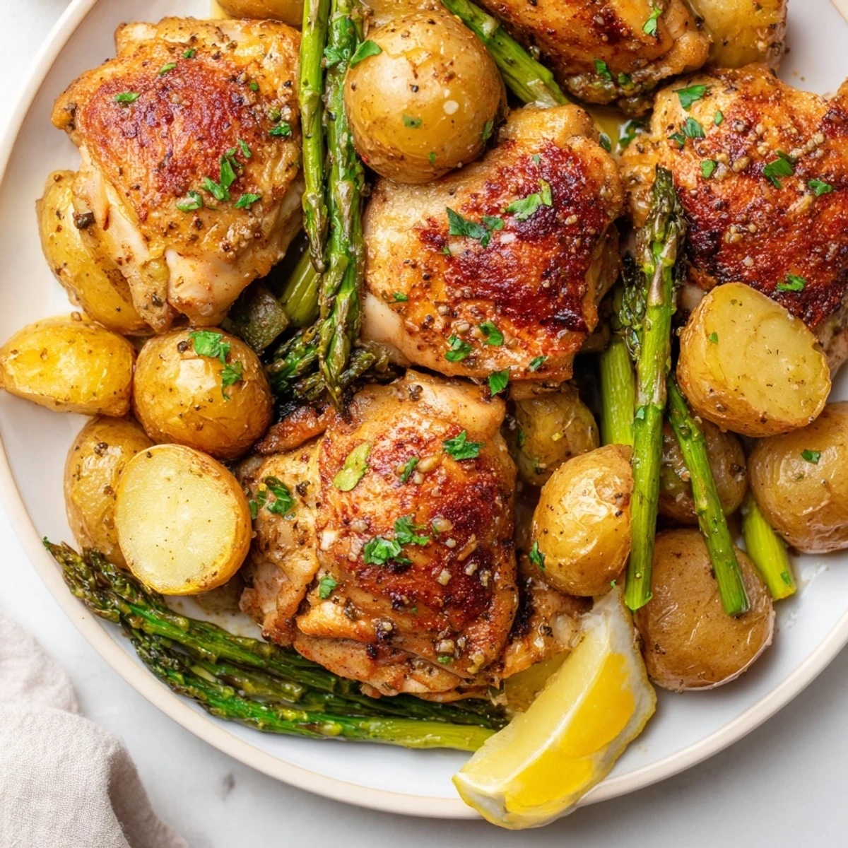 Juicy chicken thighs, golden potatoes, and crisp asparagus roasted on a sheet pan with lemon and herbs.