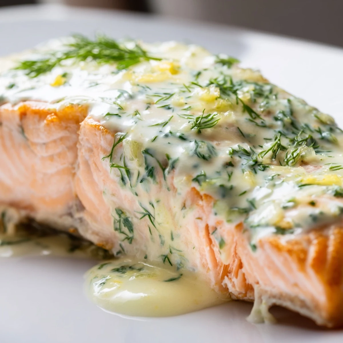 Golden-brown Baked Salmon with Garlic Butter and Dill Sauce garnished with fresh lemon slices.