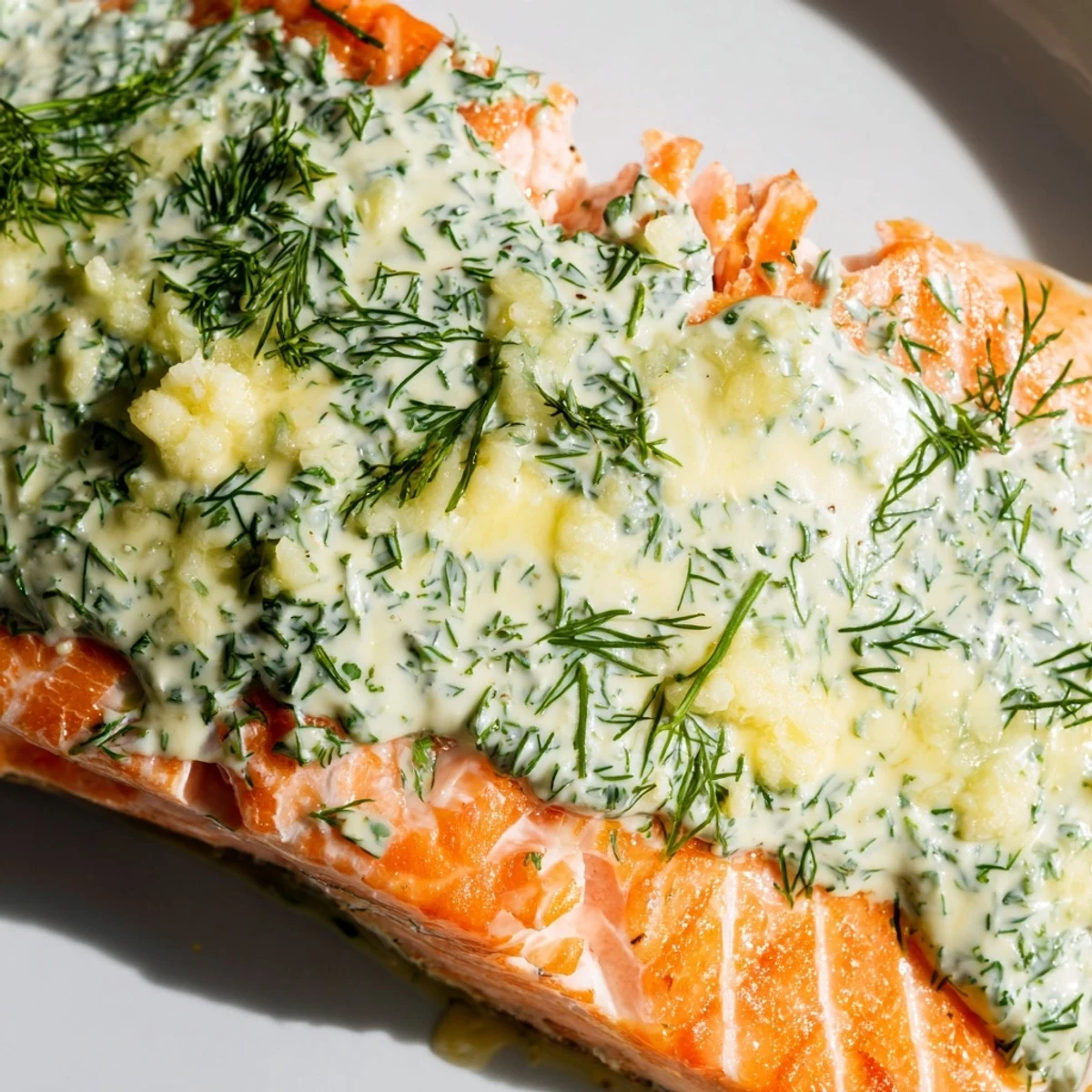 The flavorful Baked Salmon with Garlic Butter and Dill Sauce is topped with creamy white sauce.