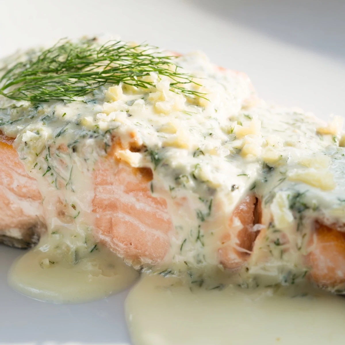 Tender fillet of Baked Salmon with Garlic Butter and Dill Sauce served with asparagus and roasted potatoes.