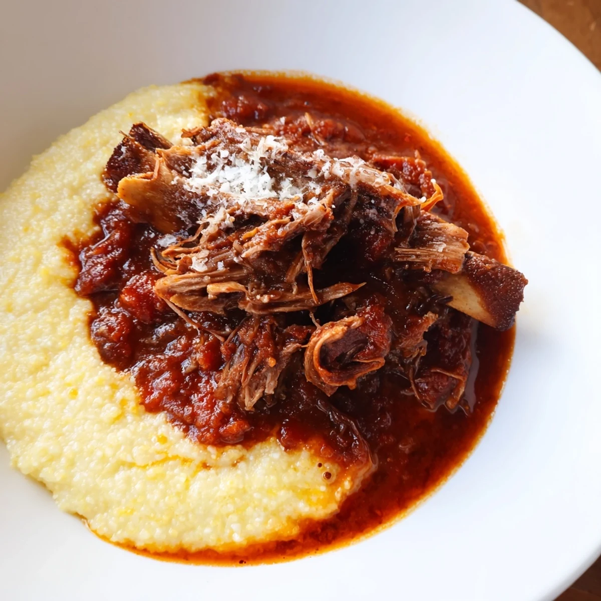 Tender, fall-off-the-bone Slow Cooked Beef Short Ribs with Creamy Polenta, smothered in a rich red wine sauce.