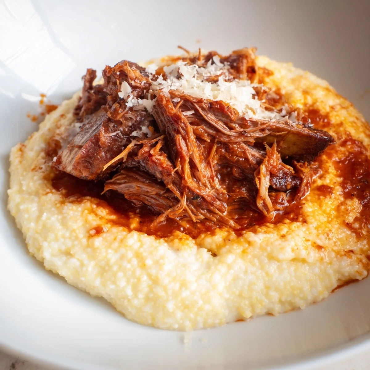 A rustic plate of Slow Cooked Beef Short Ribs with Creamy Polenta, garnished with fresh rosemary and thyme.
