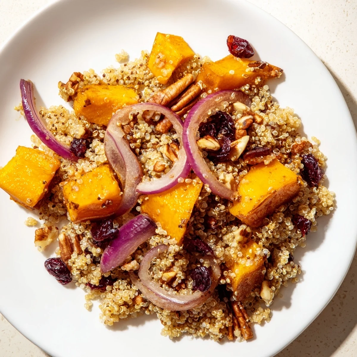 Golden roasted butternut squash and tart cranberries mingle in this warm quinoa salad, topped with crunchy toasted pecans.