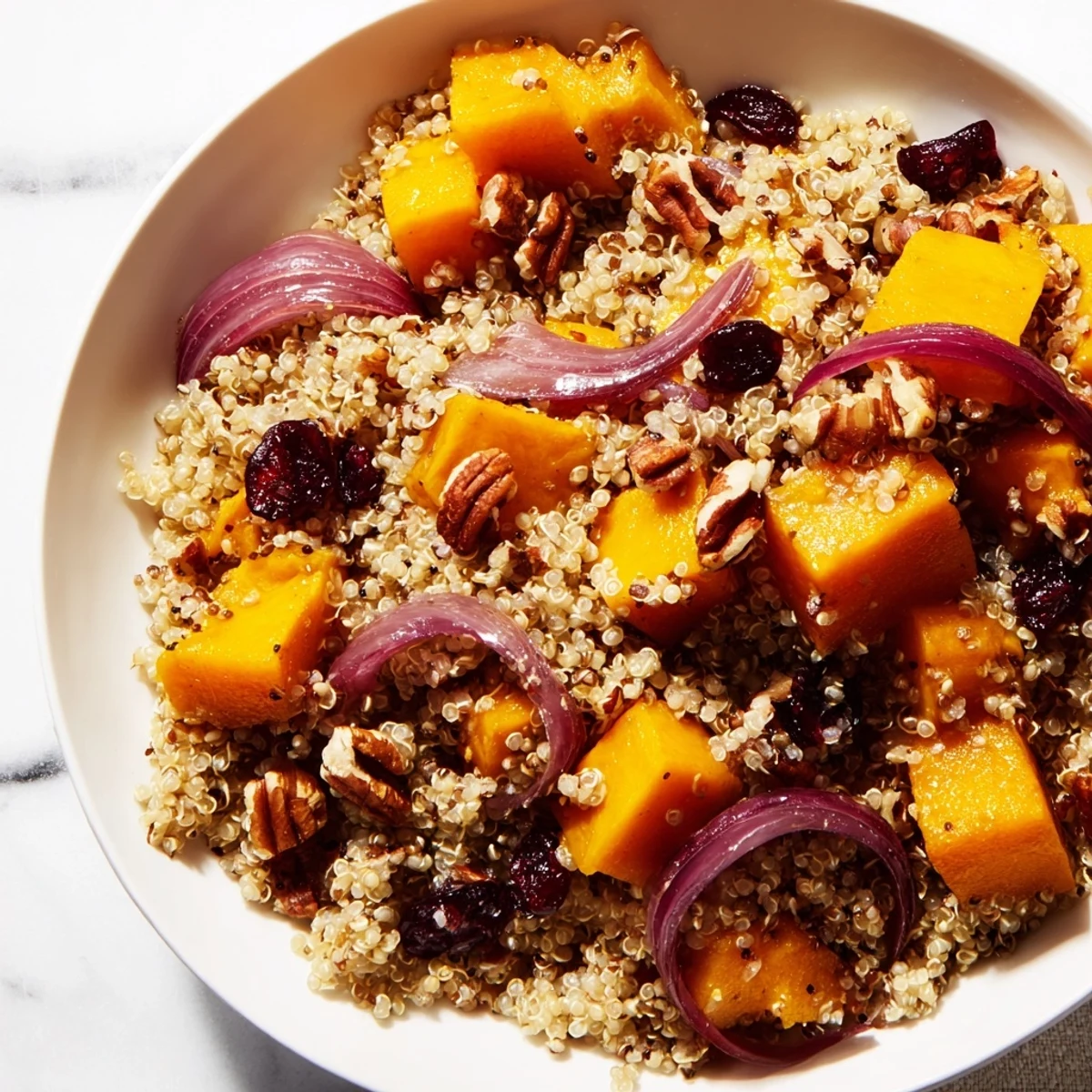 Fluffy quinoa, sweet roasted squash, and cranberries tossed with a light maple dressing, ideal for a vegetarian lunch.