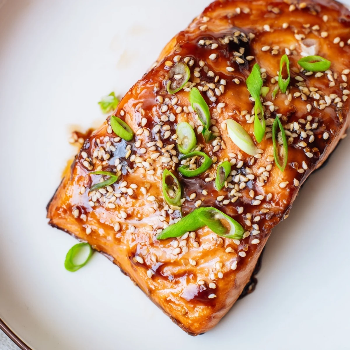 Perfectly baked salmon fillet with sticky teriyaki glaze and toasted sesame seeds served over steamed rice.