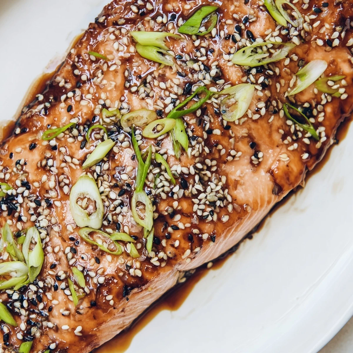 Freshly baked Baked Salmon with Teriyaki Glaze and Sesame Seeds on a plate with scallions.