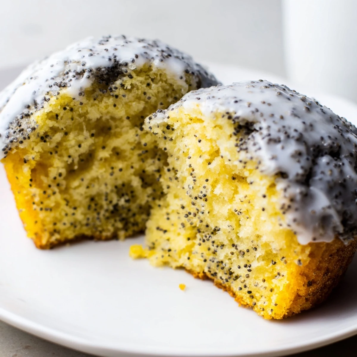 Moist Lemon Poppy Seed Muffins with Lemon Glaze studded with poppy seeds on a rustic wooden serving board.