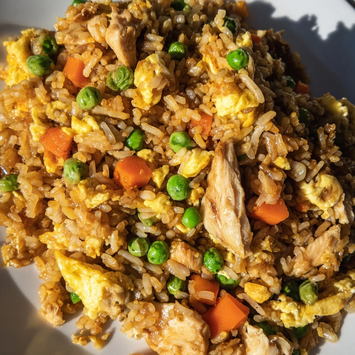 A skillet of savory Chicken Fried Rice garnished with fresh scallions and sesame seeds.