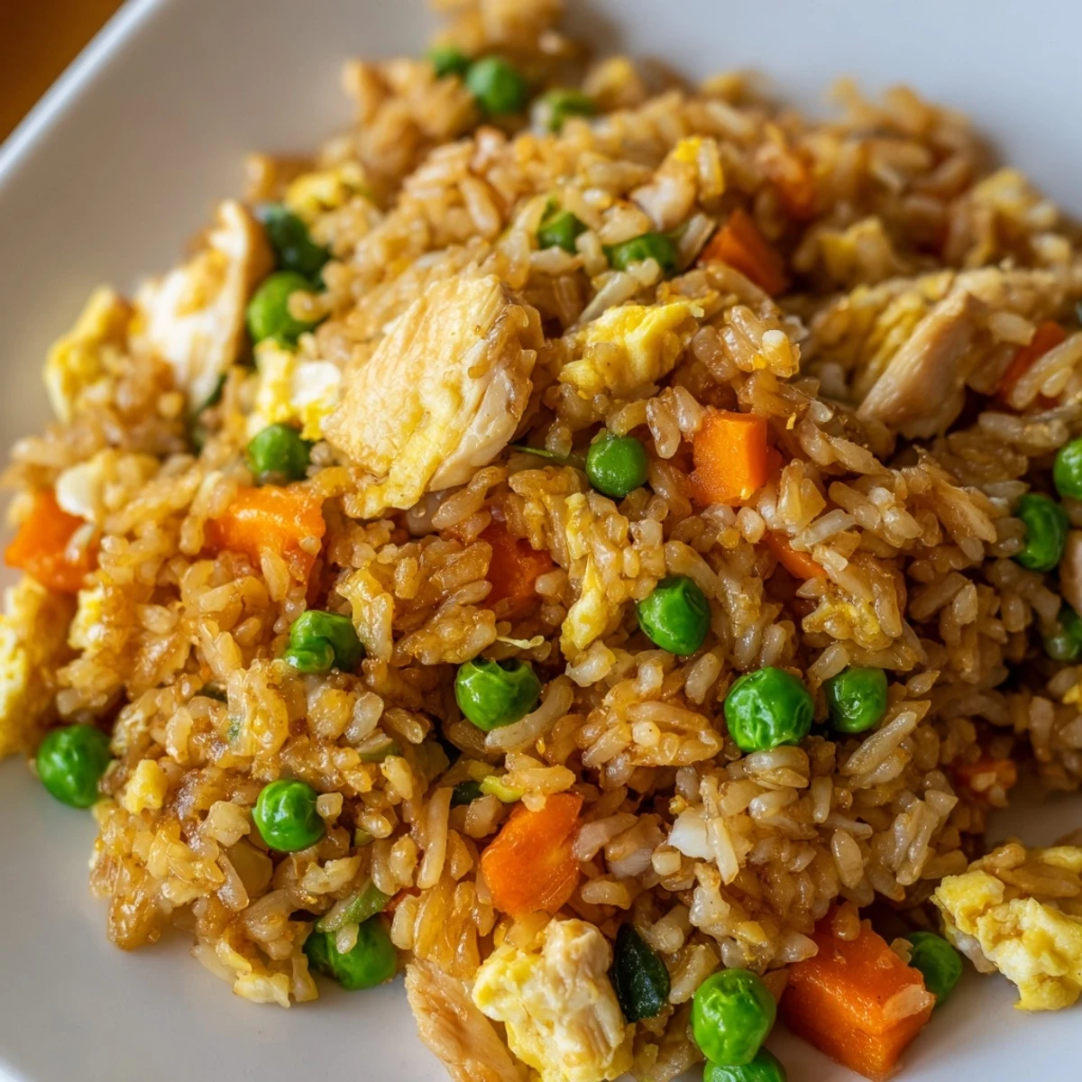 Colorful Chicken Fried Rice with tender chicken, peas, and carrots served in a white bowl.