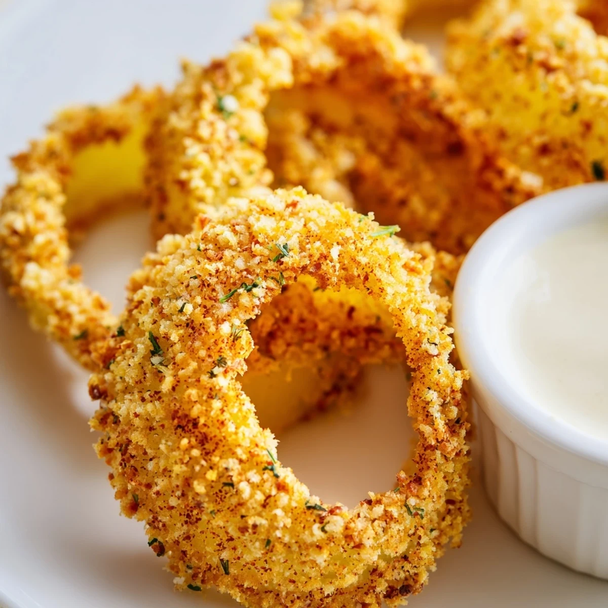 Crispy Baked Onion Rings with Ranch Dressing are plated golden and crunchy, next to a small bowl of creamy dressing for dipping.