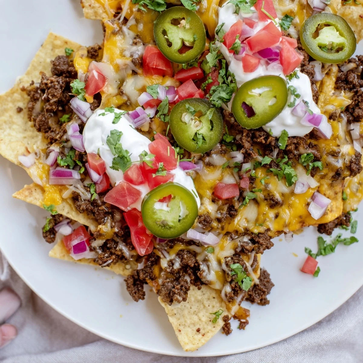 A close-up reveals gooey melted cheese stretching from a loaded chip with seasoned beef and vibrant jalapeños.