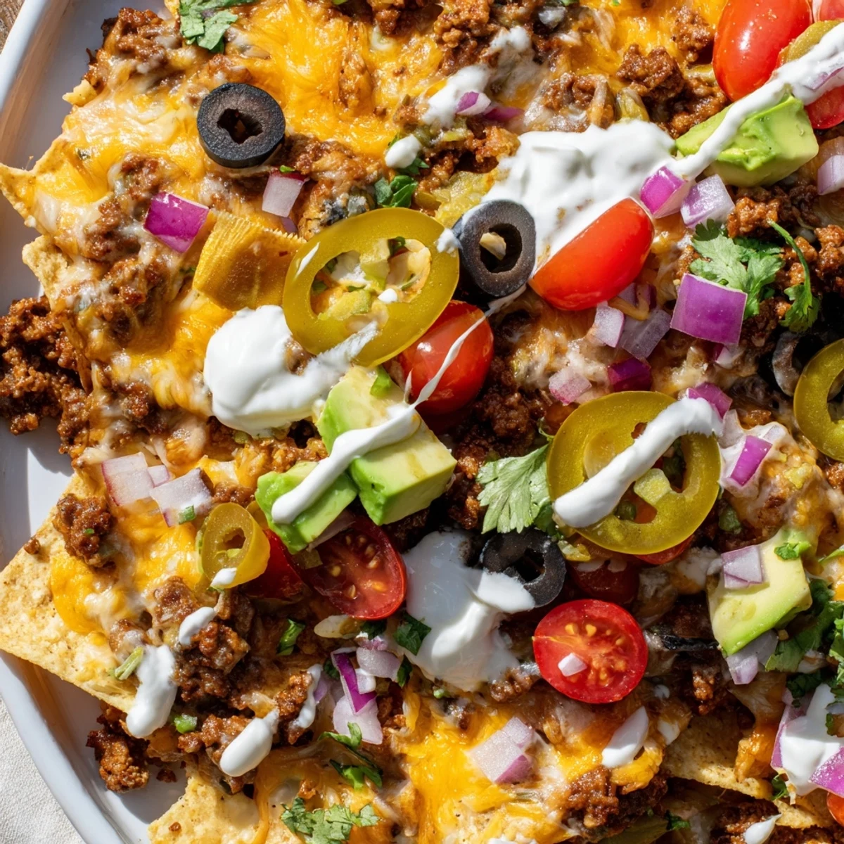 A close-up of Super Bowl Spicy Beef Nachos Supreme, drizzled with sour cream and scattered with cilantro, ready to serve.