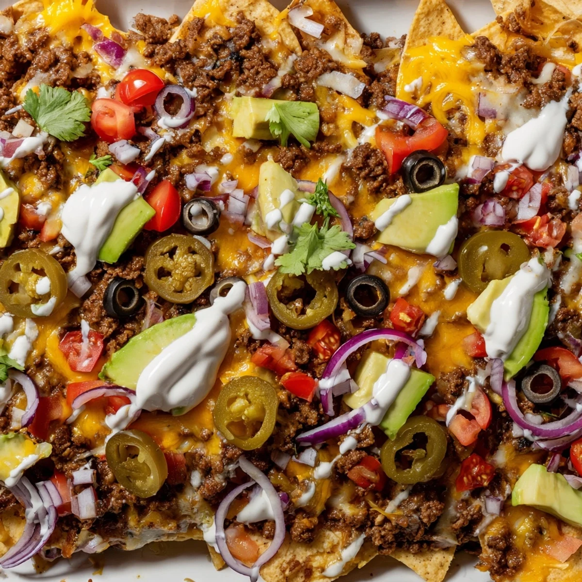 Cheesy, golden-brown nachos loaded with seasoned ground beef, jalapeños, and avocado, served fresh on a platter for game day.