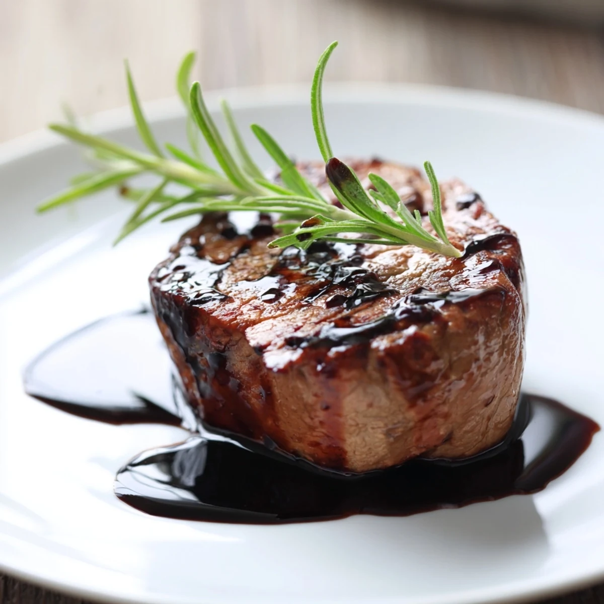 A beautifully plated Romantic Filet Mignon with Balsamic Reduction, garnished with fresh rosemary and drizzled with glossy sauce.  