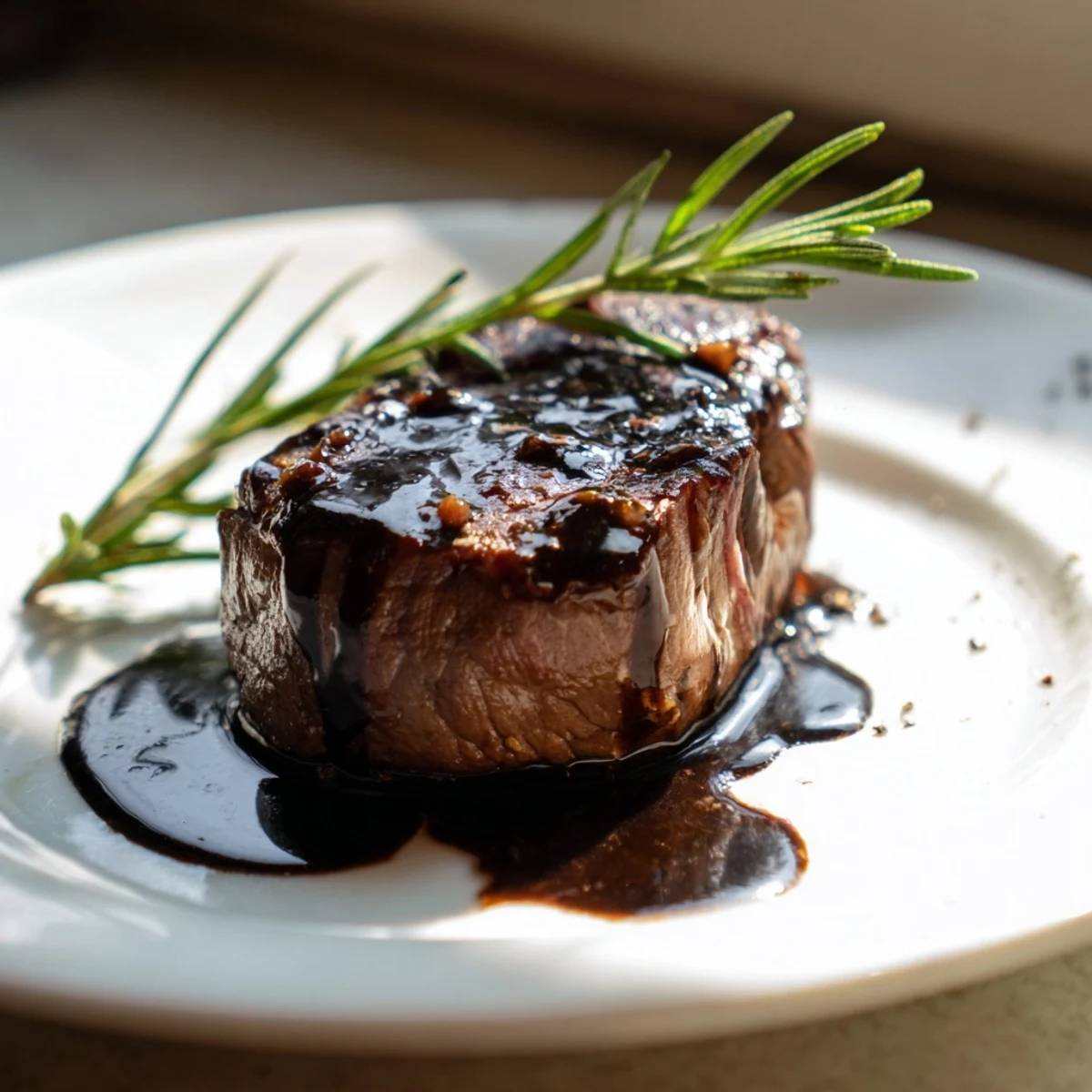 In a dimly lit kitchen, this Romantic Filet Mignon glistens with balsamic reduction and a pat of melting butter.  
