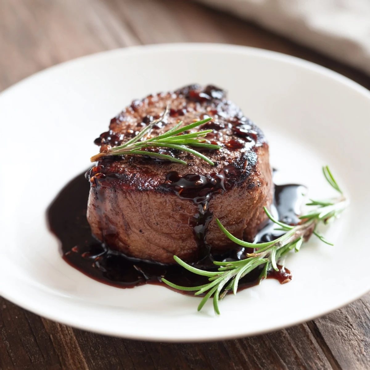 For a romantic dinner, the tender Romantic Filet Mignon rests on a white plate beside roasted asparagus.