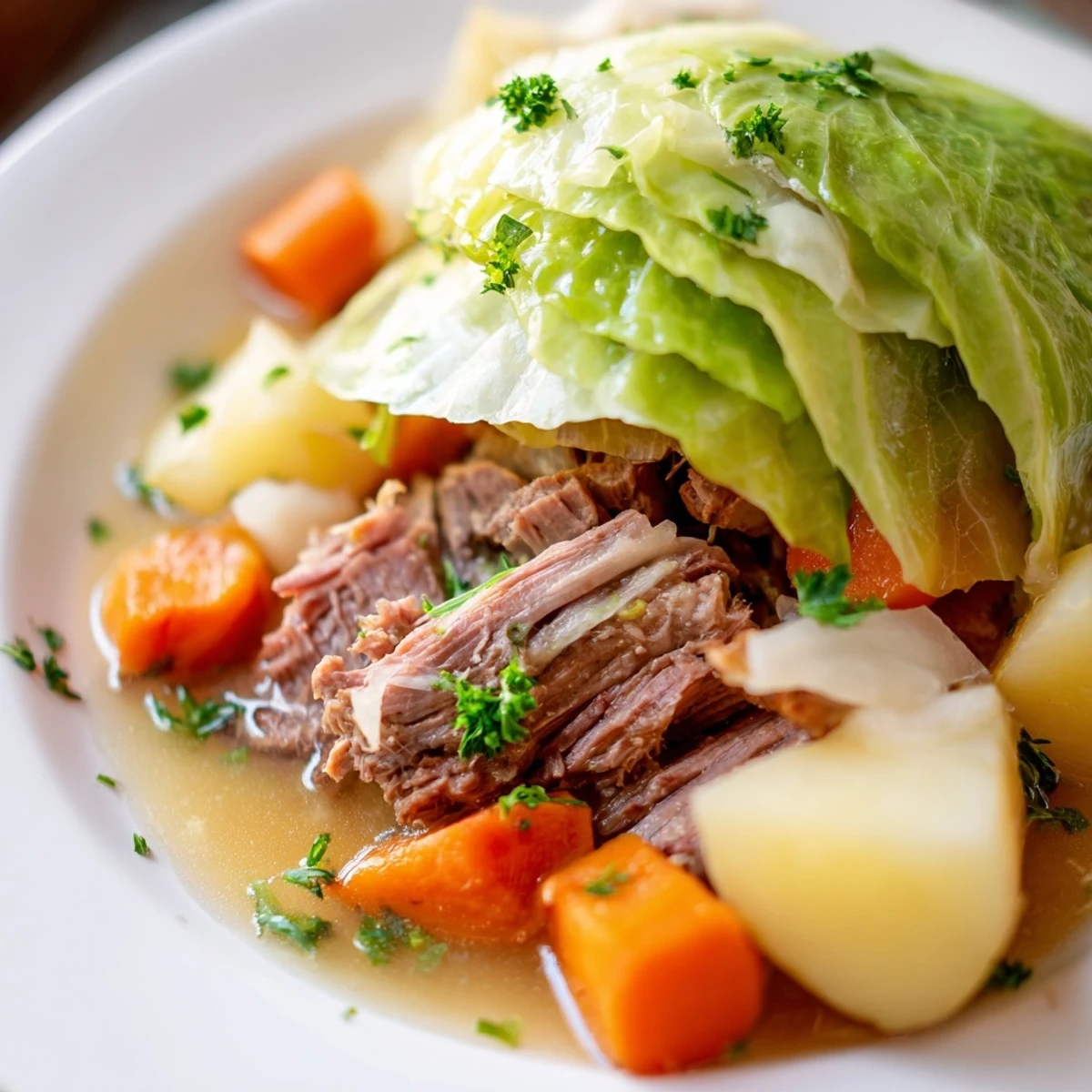 Festive St. Patricks Day Halal Corned Beef and Cabbage plated with tender sliced beef, soft potatoes, carrots, and green cabbage wedges, garnished with fresh parsley.
