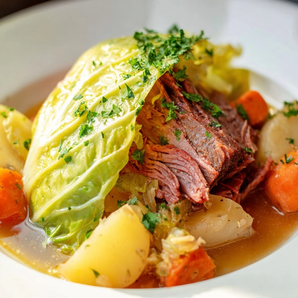 Savory St. Patricks Day Halal Corned Beef and Cabbage served on a rustic platter with hearty vegetables and a light broth, ready for a festive family meal.