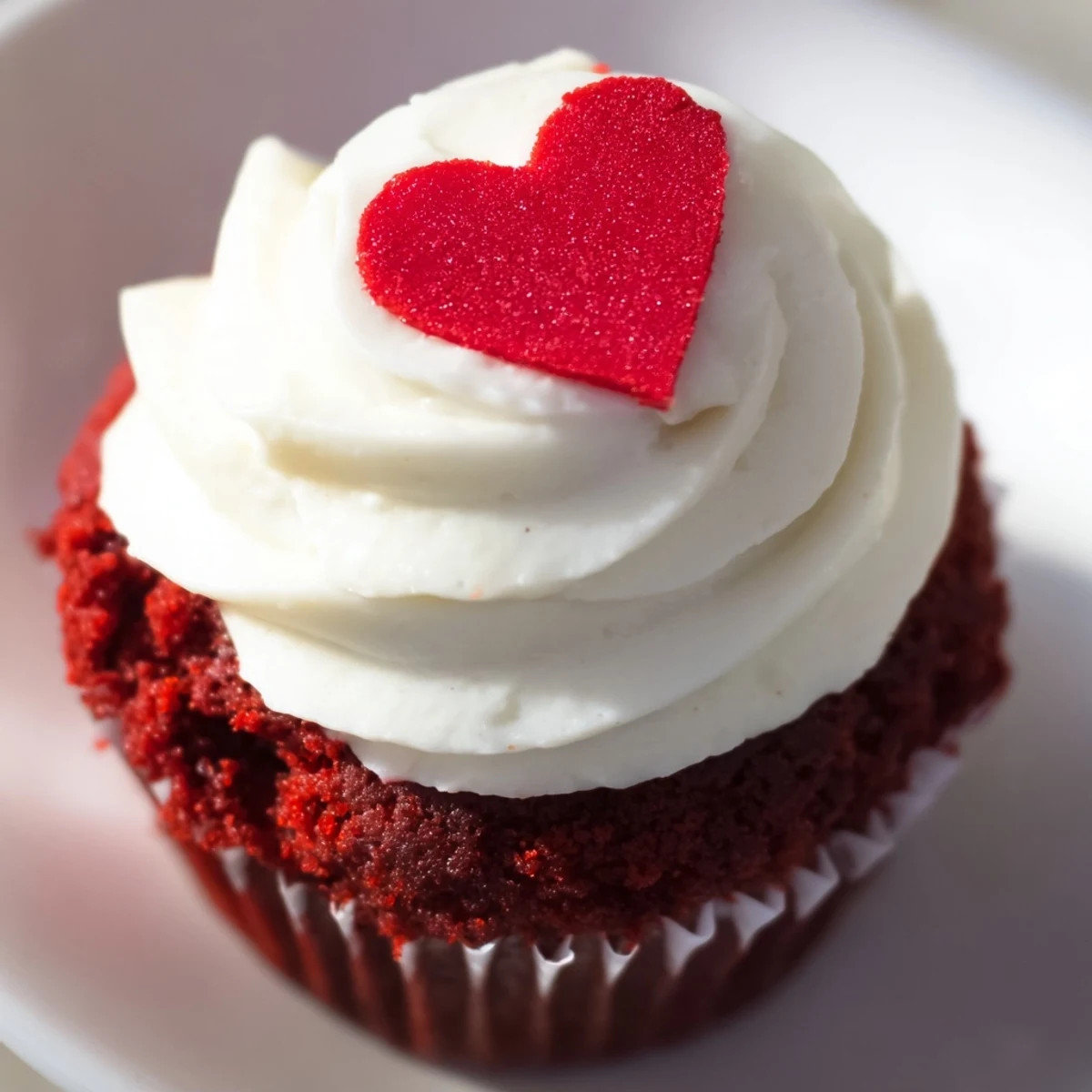 A close-up of a cut Valentine Red Velvet Cupcake shows its moist, tender crumb and generous swirl of cream cheese frosting.