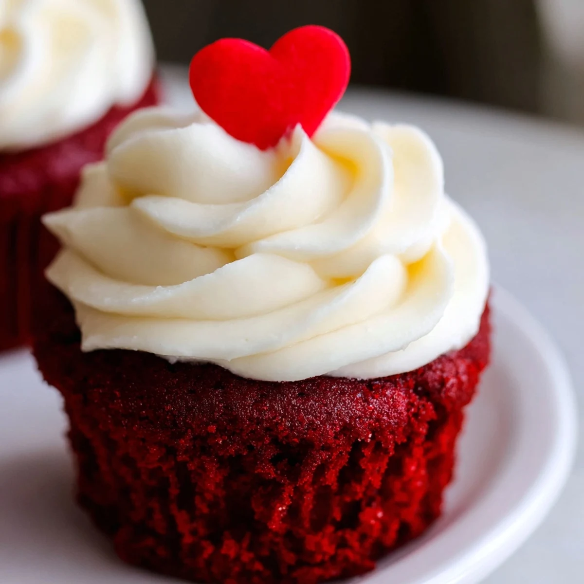 Plated Valentine Red Velvet Cupcakes, each topped with a red heart sprinkle, are ready for a festive Valentine's Day party.