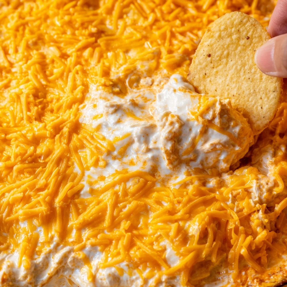A casserole dish of baked Game Day Buffalo Chicken Dip is topped with melted cheese, ready to dip.