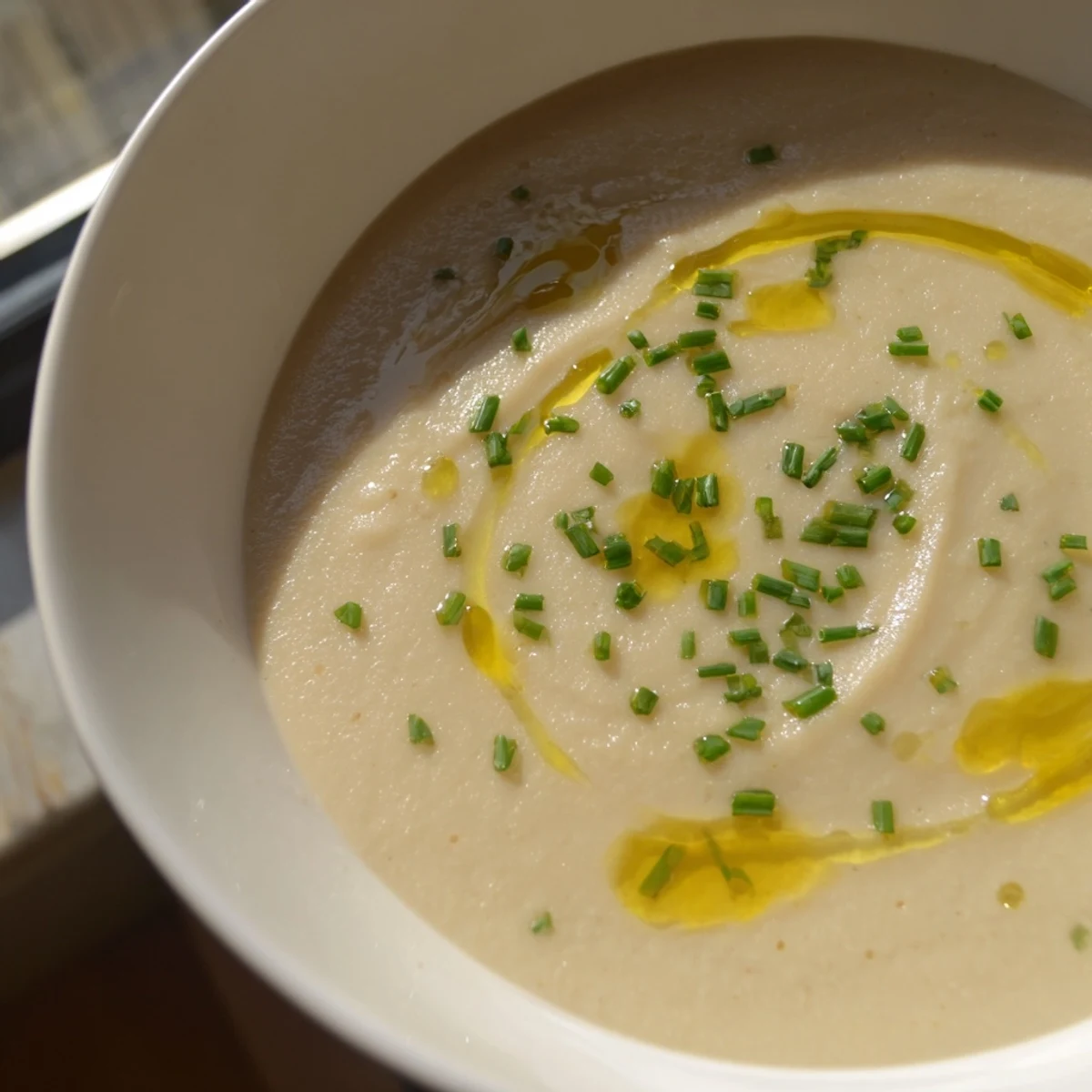 A bowl of creamy roasted parsnip and garlic soup garnished with fresh chives and a swirl of cream.