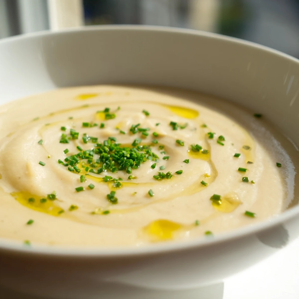Silky smooth roasted parsnip and garlic soup in a rustic white bowl, ready to warm chilly evenings.