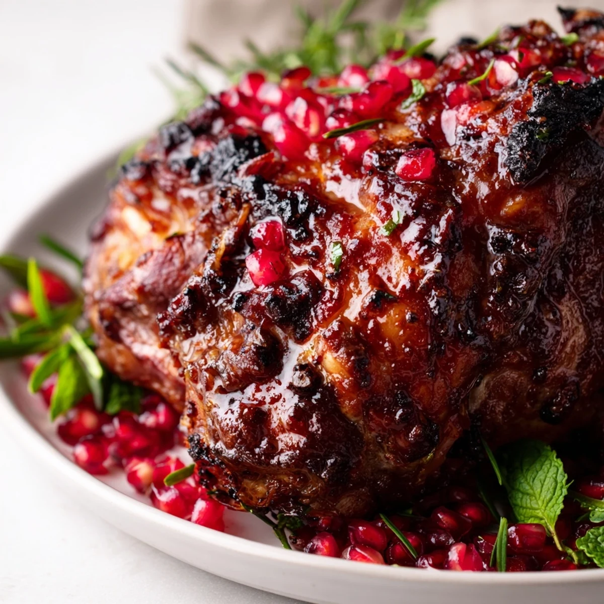 Succulent Slow Roasted Lamb Shoulder with Pomegranate Molasses served on a platter with roasted onions, carrots, and lemon wedges.
