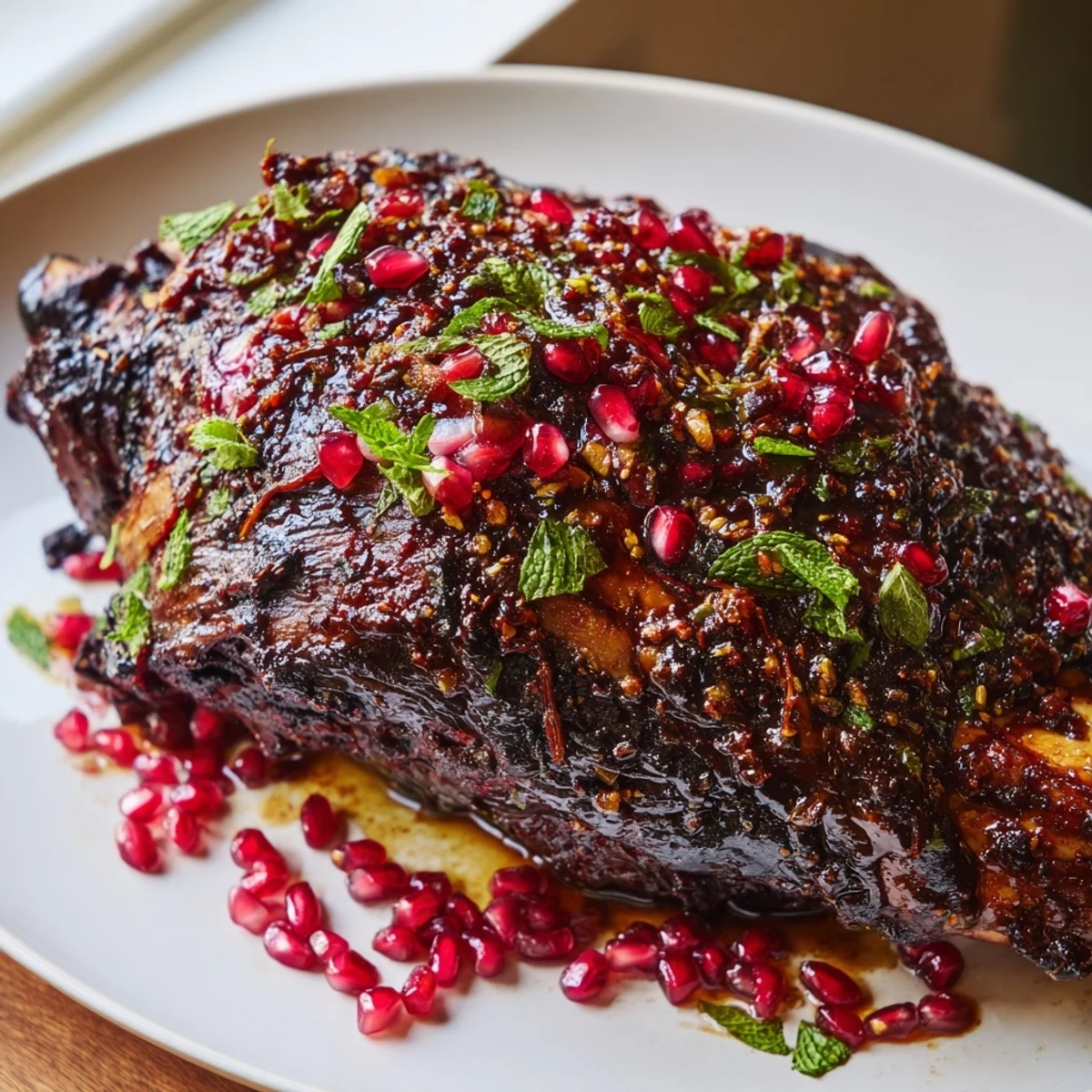 Slow Roasted Lamb Shoulder with Pomegranate Molasses rests on a roasting pan, ready to be carved for a festive dinner.