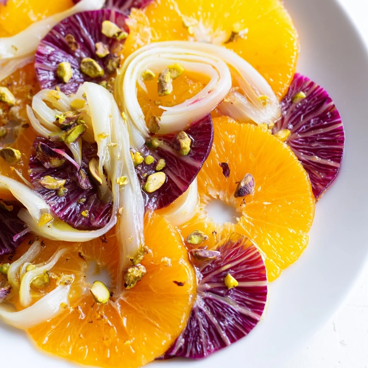 Freshly sliced radicchio and fennel are topped with juicy citrus rounds and toasted pistachios, drizzled with zesty vinaigrette on this Winter Citrus Salad.