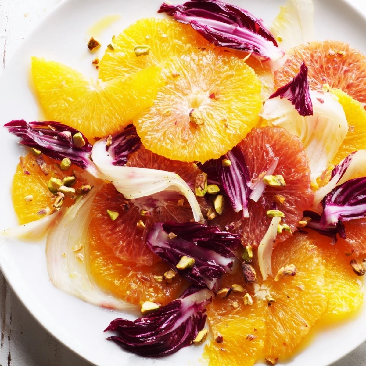 Bright Winter Citrus Salad with radicchio, fennel, and grapefruit slices plated as a refreshing side, garnished with chopped nuts and a honey-lemon dressing.
