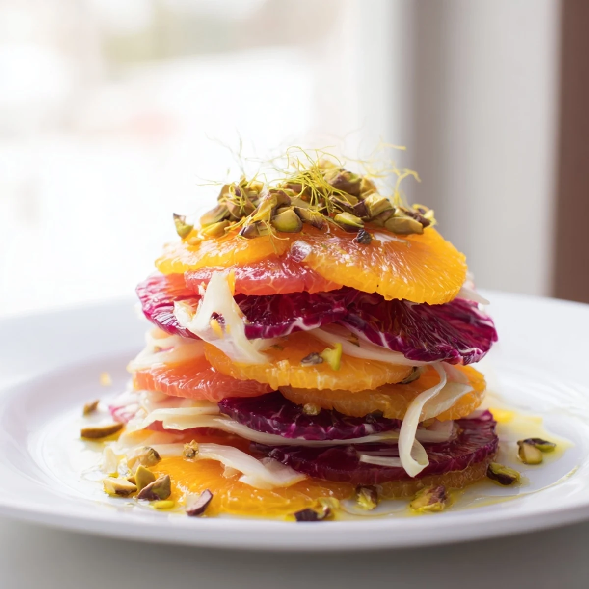Colorful Winter Citrus Salad features blood orange rounds, crisp vegetables, and fennel fronds, ideal for a light vegetarian appetizer or healthy Mediterranean side dish.