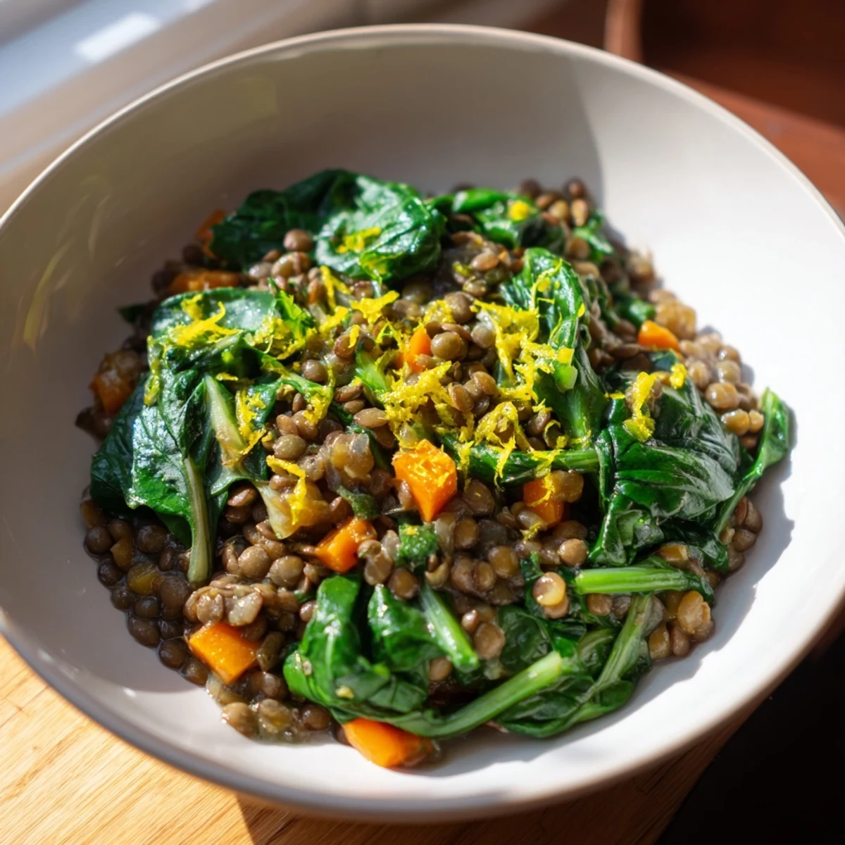 A steaming bowl of Spiced Lentil and Spinach Stew with Lemon, garnished with fresh cilantro and a lemon wedge.