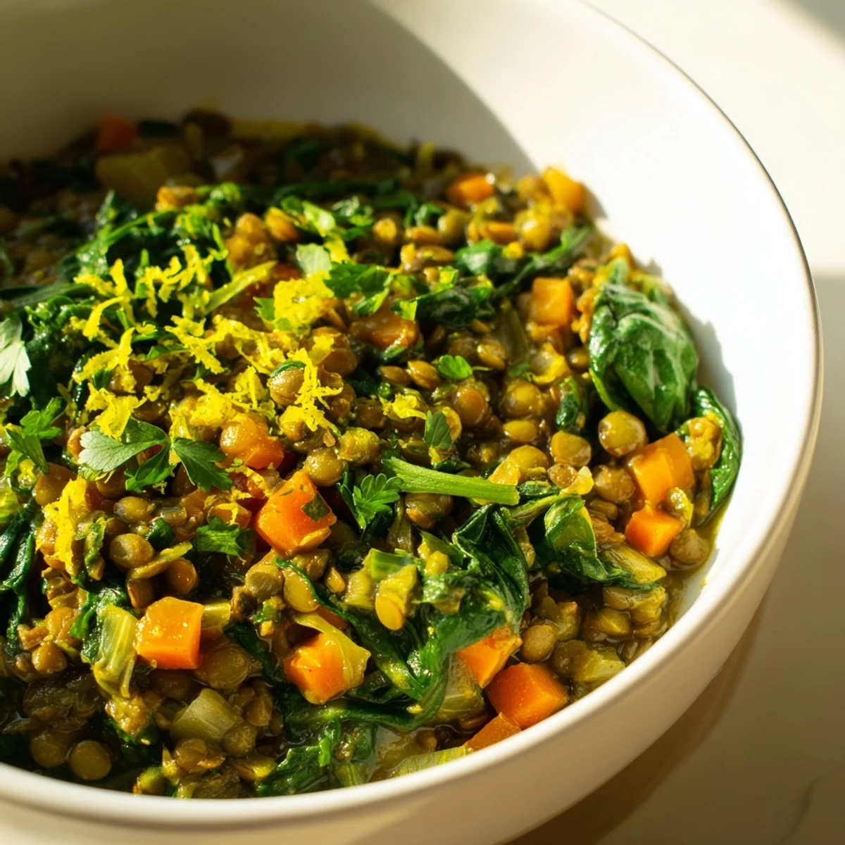 Spiced Lentil and Spinach Stew with Lemon simmering in a pot, featuring vibrant spinach and aromatic spices.