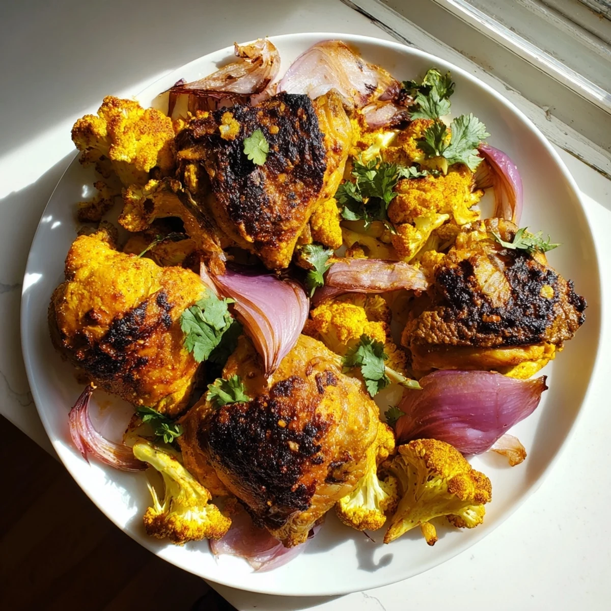 Golden-brown turmeric chicken thighs and caramelized cauliflower roasted on a single sheet pan, garnished with fresh cilantro and lemon wedges.