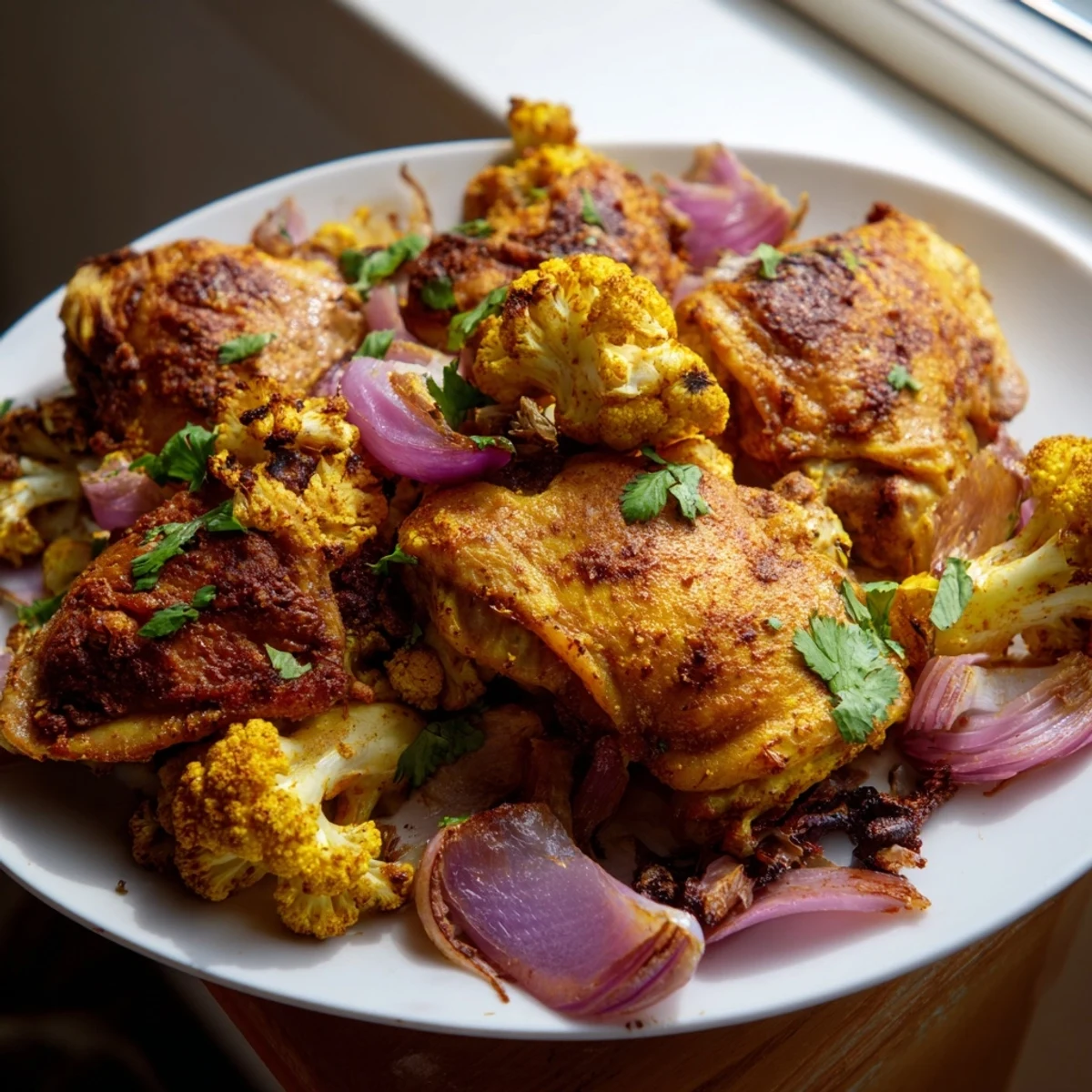 A close-up of juicy, spice-rubbed chicken and roasted cauliflower florets, highlighting the aromatic turmeric and cumin flavors.