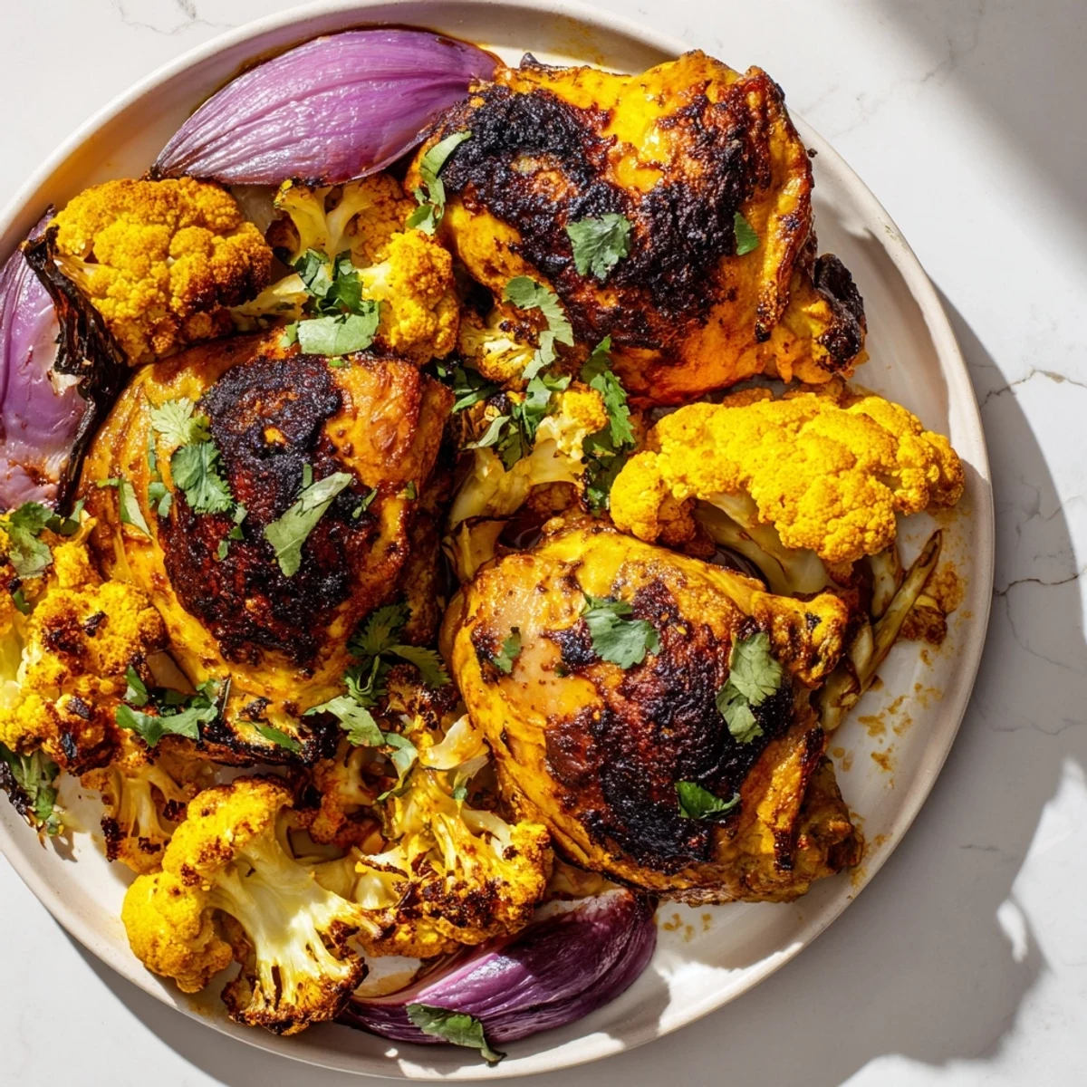 One-pan Sheet Pan Turmeric Chicken with Cauliflower, featuring vibrant spices and tender vegetables, ready for a quick weeknight dinner.