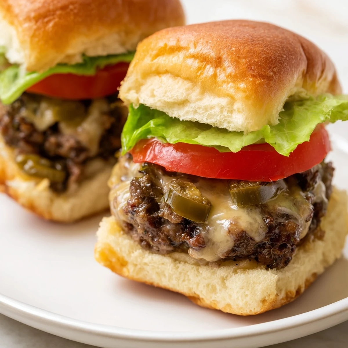 Freshly grilled Spicy Jalapeño Beef Sliders topped with melted pepper jack cheese and crisp lettuce on a toasted bun.