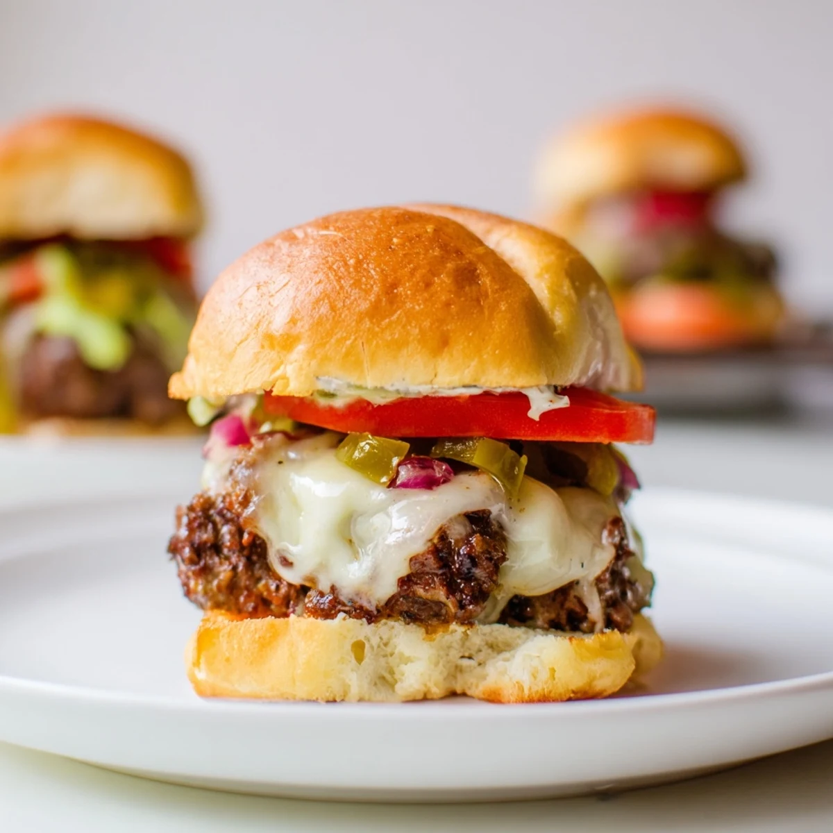 Close-up view of a juicy Spicy Jalapeño Beef Slider with melted cheese, tomato, and fresh jalapeño slices.