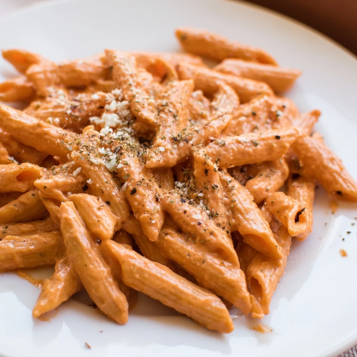 This vibrant photo shows Creamy Roasted Red Pepper Pasta Sauce clinging to al dente penne, garnished with fresh basil and a sprinkle of Parmesan.  