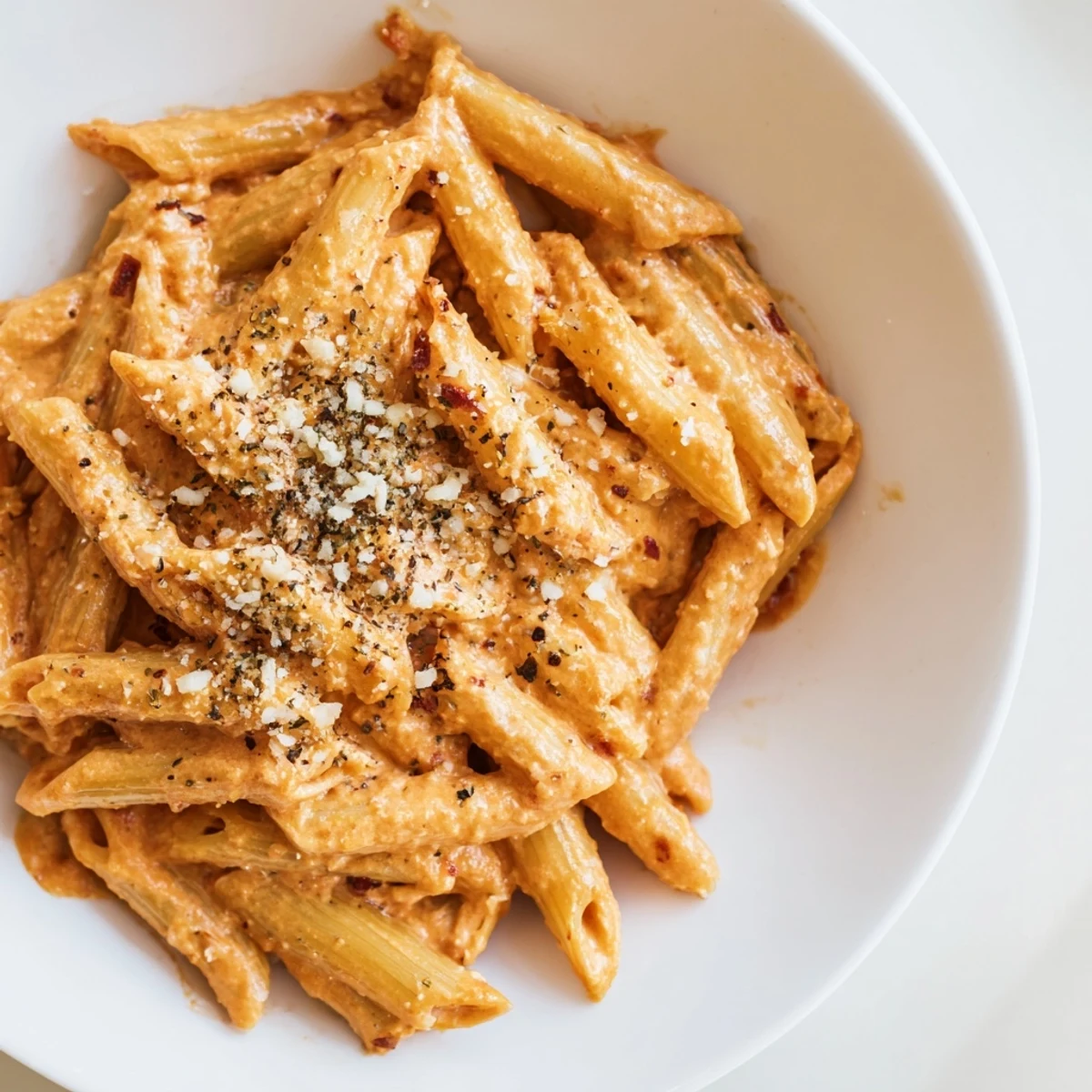 A close-up of velvety Creamy Roasted Red Pepper Pasta Sauce in a skillet, simmering gently with hints of garlic and fresh herbs.  