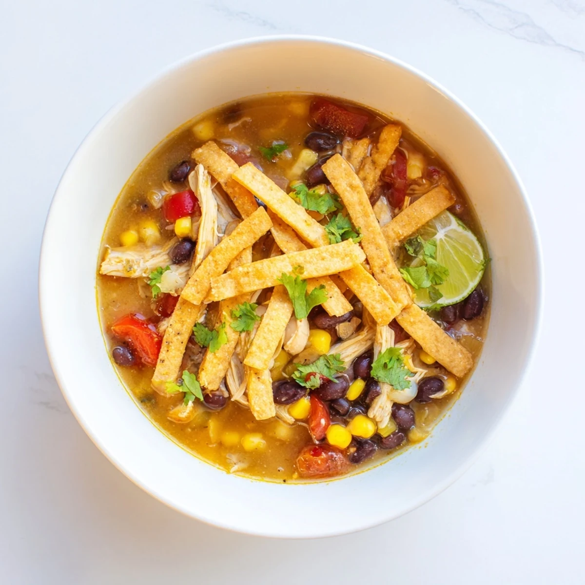 A slow cooker pot reveals a hearty Tex-Mex soup filled with red bell pepper, savory spices, and bright lime wedges on the side.