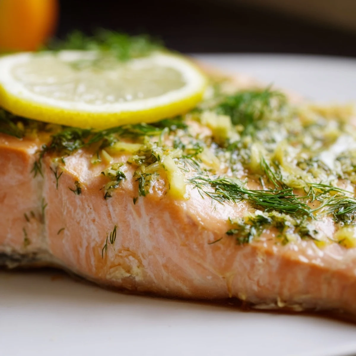 Golden-brown Sheet Pan Lemon Herb Salmon and Asparagus with zesty lemon slices and fresh herbs garnish.