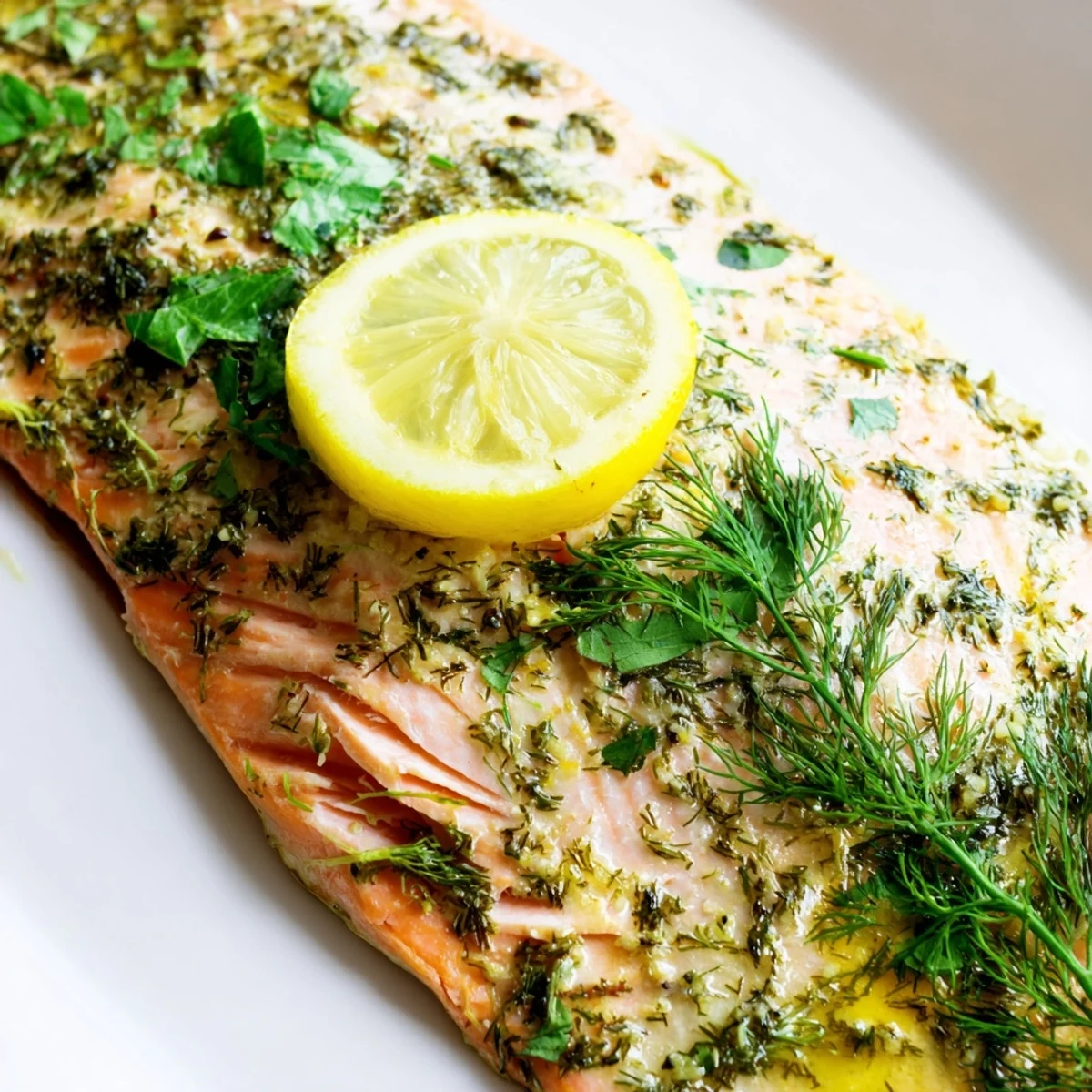Healthy Sheet Pan Lemon Herb Salmon and Asparagus served warm, garnished with lemon wedges and fresh dill.